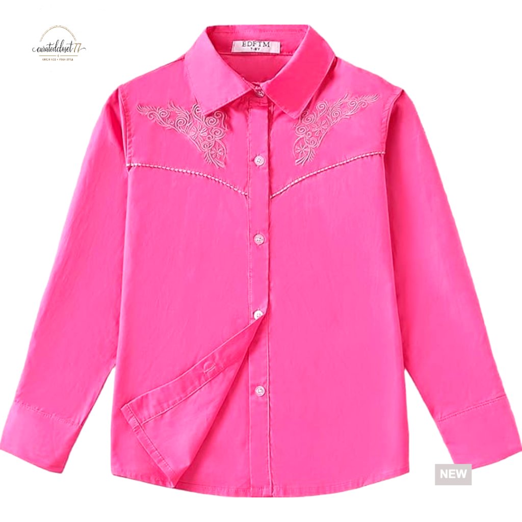 Girls Western Cowgirl Blouse Long Sleeve Floral Embroidered Button Down Shirt